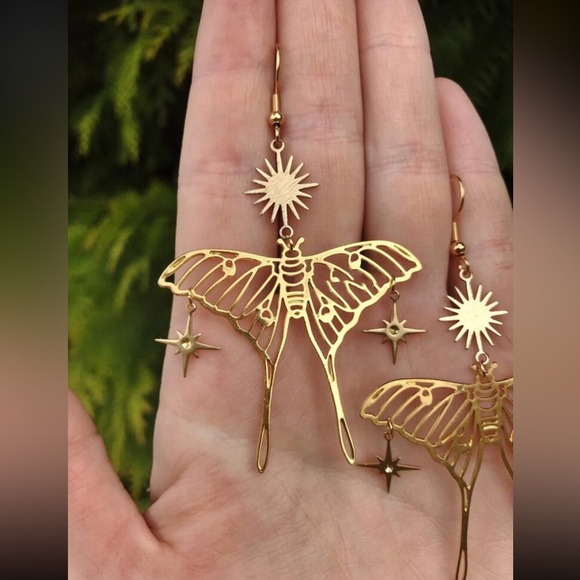 Gold Tone Moon Butterfly Earrings - Picture 2 of 2
